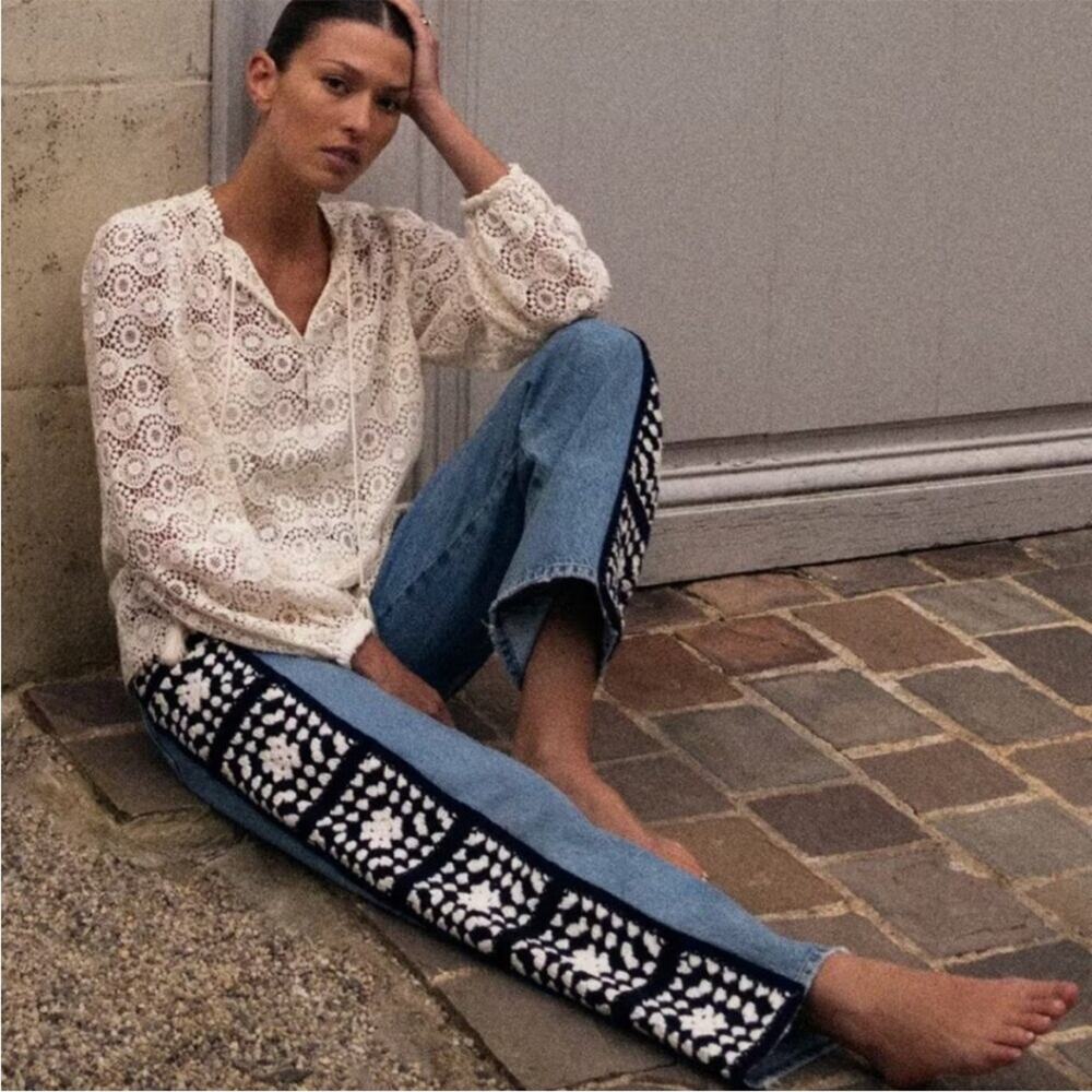 Light Blue Jeans with Black & White Crochet Side Panel - Women's